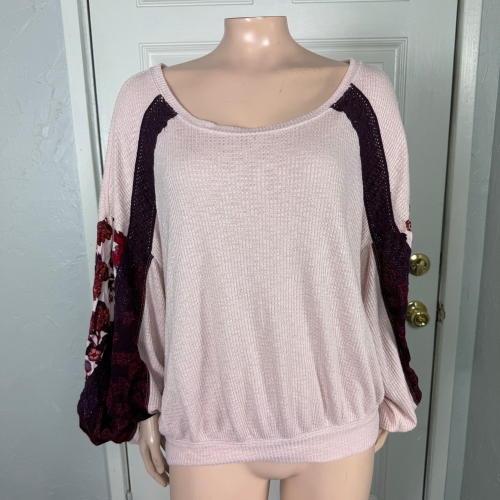 Free People Women's Shirt L Casual Clash Thermal Waffle Boho Billowed sleeve P19